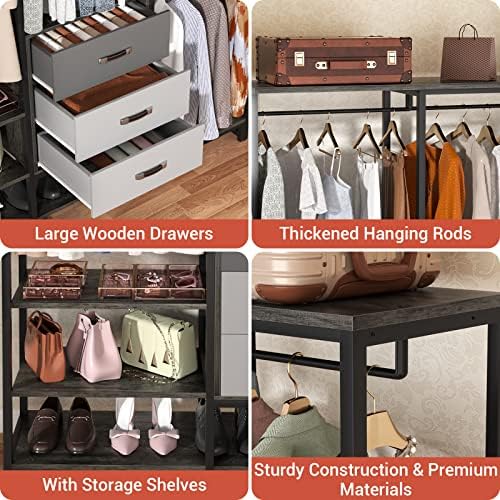 Aheaplus Wood Clothes Rack Wardrobe Organizer for Hanging Clothes, Heavy Duty Garment Rack, Large Corner L Shaped Closet System with 3 Wood Drawers, White and Grey