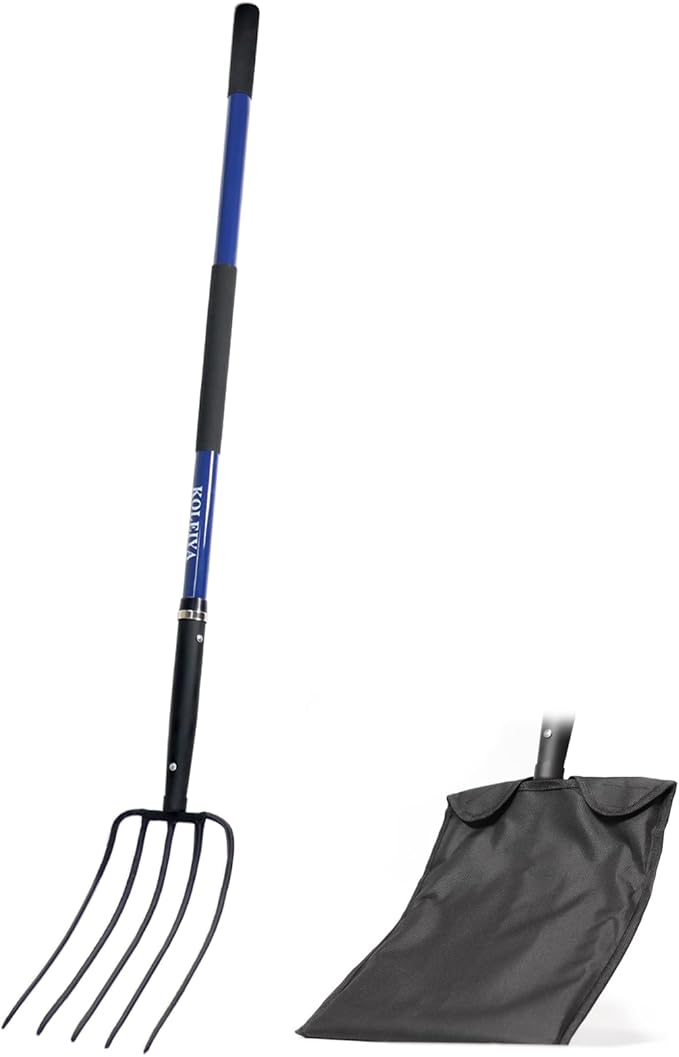 KOLEIYA 5-Tine Pitchfork for Gardening, 57-Inch Heavy Duty Garden Fork with Fiberglass Handle, for Mulch, Compost, Manure, Hay, and Soil Loosening,Blue