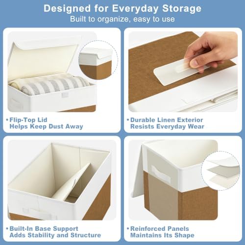 Large 17" 42 Quarts Collapsible Stackable Storage Bins with Lids [3-Pack] Foldable Fabric Linen Storage Boxes Cube, Closet Organizer Baskets with Label for Home (16.7 x 12 x 12", Brown & White)