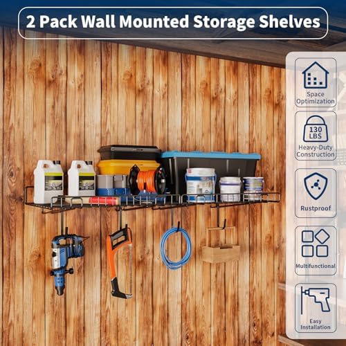 2 Pack Garage Wall Shelf, Wall Mounted Storage Shelves, Heavy Duty Metal Shelves for Room Wall, Loads 80 LBS Floating Shelves Mesh Storage Rack for Garage, Office, Basement,Wall Cabinet and Kitchen