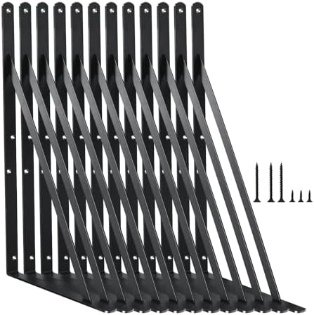 12 Pack L18 x H 12" Black Heavy Duty Shelf Brackets with Screws Metal Shelf Brackets Shelf Support Angle Brackets for Shelves L Brackets Heavy Duty Floating Shelf