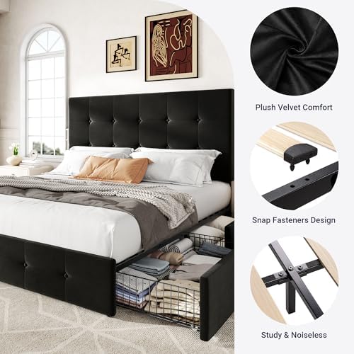 Allewie Full Size Storage Bed Frame with 4 Underbed Drawers, Soft Black