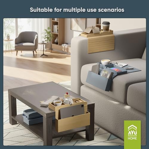 AyuHome Bamboo Couch Cup Holder, Sofa Tray & Couch Armrest Table, Adjustable Anti-Slip Organizer with Side Storage Pocket for Wide Armrests (5-10in), Natural Wood Drink & Snack Caddy (Natural Color)