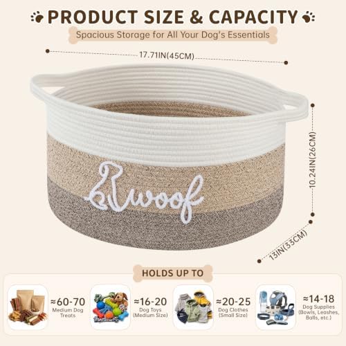 OIAHOMY 30L Large Dog Toy Basket, 17.8"×13"×10" Cotton Rope Basket with Cute Woof Embroidery, Soft Woven Pet Toy Box with Handles for Blankets, Leashes & Puppy Accessories, Decorative Organizer Brown