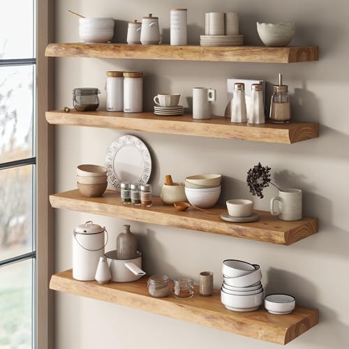 Venusmiles Live Edge Elm Floating Shelves for Wall Decor, Rustic Solid Wood Shevles Wall Mounted with Invisible Bracket for Living Room Bathroom Bedroom Kitchen, 22.5 Inch Set of 2, Natural