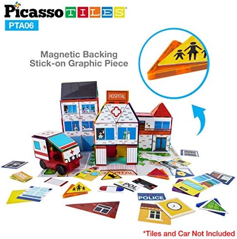 PicassoTiles 80pc School, Hospital, Police Station 3-in-1 Theme Magnet Self Adhesive Backing Stick-On Puzzle Graphic Kit and Overlay Maps for Magnetic Building Blocks STEM Learning Construction Toy