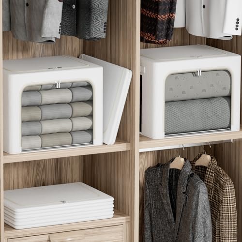 FHSQX 2 Pack Clear Window Storage Bins Large Stackable Linen Fabric Storage for Clothes Foldable Container Organizer Set with Carrying Handles (Lvory White, 19.7x 15.7x 12.6 Inch)