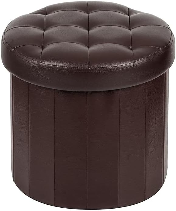 Bsketa Round Storage Ottoman, 14" Folding Leather Foot Rest Stool,Brown | Round Leather Poufs with Thicker Foam Padded Seat, Living Room, Bedroom, Dorm, Entryway, Easy to install,14 x 14 x 13in