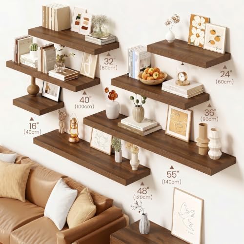Vivelove Floating Shelves 9 inch Deep 24”Long Set of 2, Walnut | Easy Install With Hardware, 1.5" Thick, Invisible Brackets, Wall Mounted, No Sagging, For Any Room