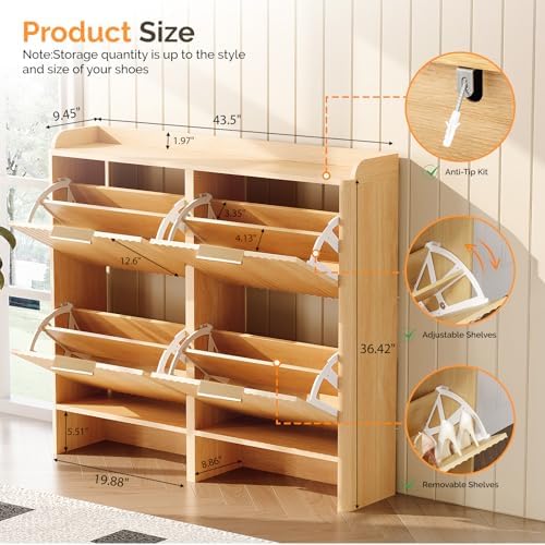 VINGLI 43.5" Large Oak Fluted Shoe Storage Cabinet with 4 Flip Drawers, Slim Entryway Shoe Organizer with Unique Curved Side Panels, Natural Wood Shoe Rack for Hallway, High Capacity Hidden Shoe Shelf