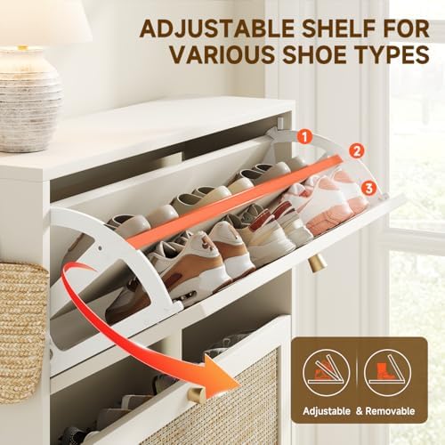 Nicetree Shoe Cabinet Storage for Entryway Slim 9.5" Freestanding Floor Base Shoe Storage Cabinet, 3 Flip Drawers with 3-Position Adjustable Divider, Holds 16-36Pairs, Bright White