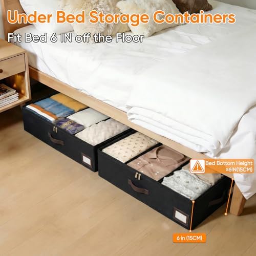 OIAHOMY 2 Pack 53L Under Bed Storage with Adjustable Dividers, 6" Low Profile Underbed Storage Bins for Comforters & Clothes, Save Closet Space with Clear View Lid & Reinforced Handles, Black