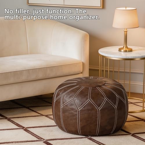 Thgonwid Unstuffed Moroccan Faux Leather Pouf Ottoman Cover with Storage - Boho Chic Multi-Use Footrest for Living Room, Bedroom, Patio - Round Ethnic Floor Cushion & Decorative Accent, Deep Coffee