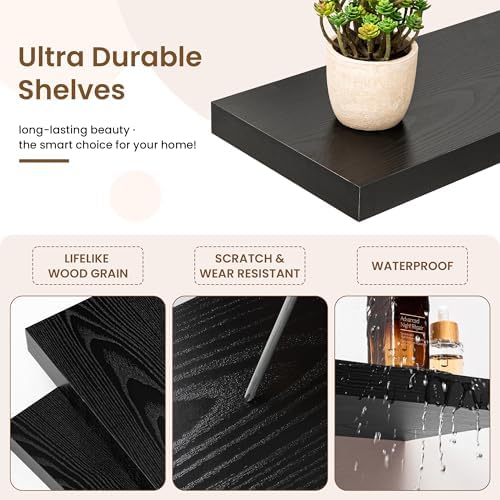 36in Floating Shelves for Wall, 36"W x 9.25"D x 1.25"H, 2 Pack Long Wall Mounted Engineered Wood Shelves with Invisible Brackets for Living Room, Bedroom, Bathroom, Kitchen Decor and Storage, Black