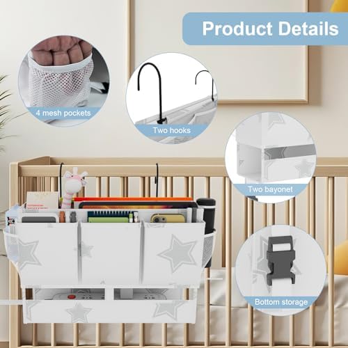 homyfort Bedside Caddy Organizer, Dual-Purpose Bedside Storage with Power Strip Holder, Versatile Bed Caddy with 11 Pockets for Bunk Bed, College Dorm, Home, Hospital, Fits Phones, Books, White