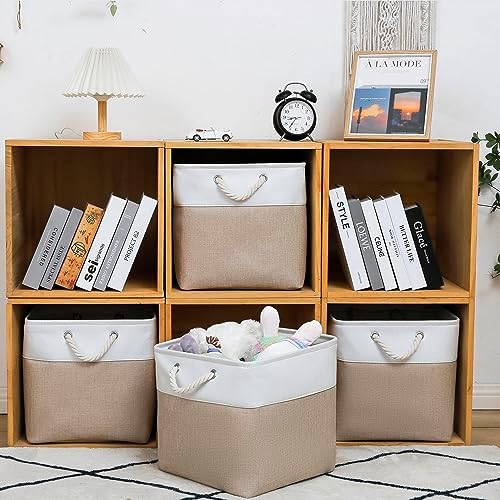 MidmmVick 13 x 13 Inch Cube Storage Bins, 4 Pack Large Collapsible Fabric Storage Bin with Ropes, Foldable Storage Cubes for Home, Office,Closet, Clothes, Toys Organizer (White & Beige)