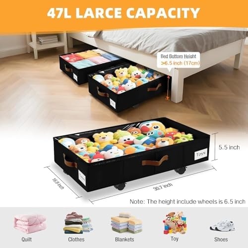 Under Bed Storage with Wheels, Dorm Room Organizer for Clothes Shoes Toys