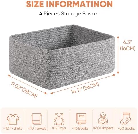 OIAHOMY 4 Pack 14.17 * 11.02 * 6.3IN Storage Baskets for Organizing Shelves, Woven Rope Baskets for Organizing Books, Clothes, Decorative Basket for Living Room, Nursery, Bedroom, Gift Basket, Grey