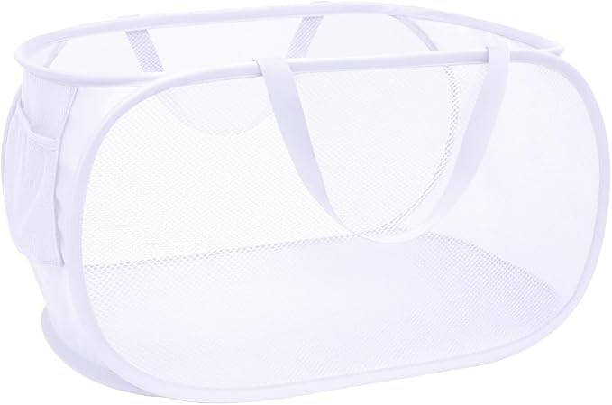 Collapsible Laundry Hamper Basket,Pop Up Mesh Foldable Bag for Laundry Room | folding horizontal laundry durable baskets with handles & side pocket travel for bathroom,Kids room,college dorm(White)