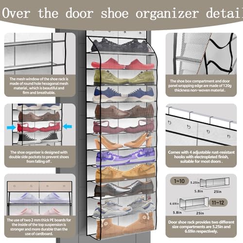 PAULONE 12 Pocket Over the Door Shoe Organizer,Reusable Breathable Large Mesh Bag Men's & Women's Sneaker Organizer,Shoe Organizer for Kids,Hanging Shoe Storage Hanging Bag (White)