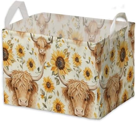 Sunflower Highland Cow Storage Basket, Highland Cow Nursery Decor, Closet Shelf Organizer Baskets for Nursery Decor, Bathroom, Bedroom, Large Squarecanvas Laundry Hamper With Foldable