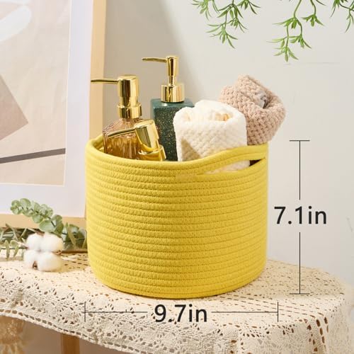 MiniArk Small Basket for Organizing | Cube Shelf Closet Storage Baskets | 9.7×9.7×7.1” | Woven Rope Gift Basket | Nursery | Round 3 Packs Yellow