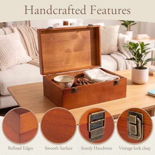 Sliner 1 Pcs Wooden Decorative Storage Boxes with Lids Vintage Wood Organizer Bins for Your Bookshelf Home Decor Safely Store Photos Documents Memory Jewelry Craft Storage (Warm Brown,M Size)
