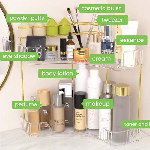 Makeup Organizer 2-Tier Bathroom Counter Organizer with Makeup Brush Holder | Corner Bathroom Organizer Countertop, Acrylic Counter Storage for Bathroom Dresser, Skincare Perfume Organizer-Clear