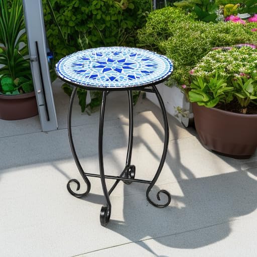 14" Round Outdoor Side Table, Metal Scrollwork Accent End Table with Unique Relief Ceramic Tile Tabletop, Coffee Tea Table Nightstand for Living Room, Bedroom