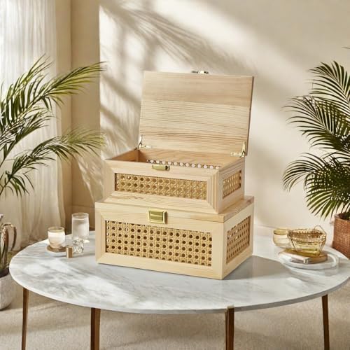 2PCS Decorative Rattan Storage Box Basket with Lid Wooden Frame