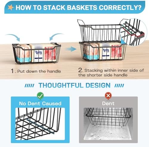 SUNALLY Freezer Organizer Bins, 4 Pack Stackable Chest Freezer Organizer for 5-7 Cu.FT Deep Freezer Sort Frozen Meats and Food, Freezer Storage Baskets with Handles Easy Reach from Bottom, Black