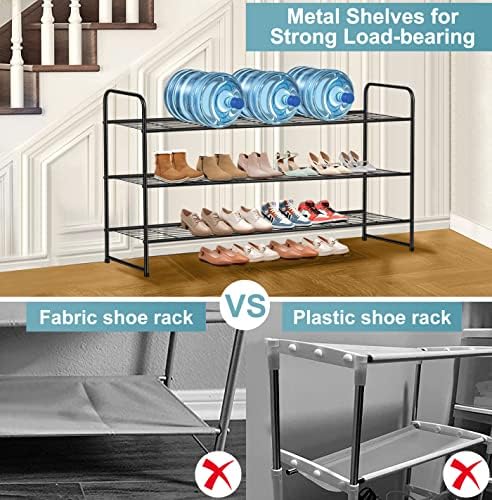 AOODA Long 3 Tier Metal Shoe Rack for Closet Wide Stackable Shoe Storage Organizer for Entryway, Bedroom, Floor, 24-Pairs Men Sneakers Shoe Shelf with Wire Grid, Black