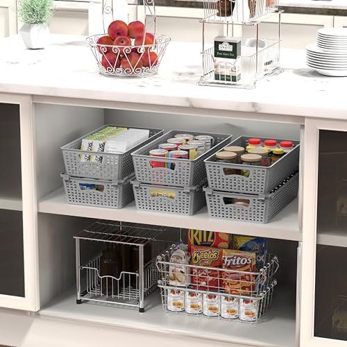 Simple Houseware Stackable Plastic Woven Basket Organizer, 6 Pack, Gray