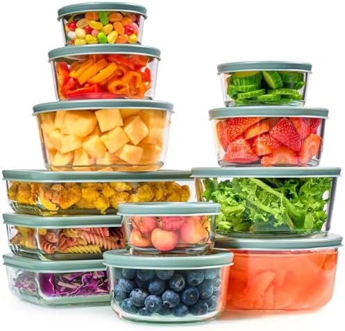 24pc Set Glass Food Storage Containers & Bowls with Airtight Lids - Leakproof BPA-Free Meal Prep Airtight Stackable Lunch Boxes, Kitchen Pantry & Storage Organizers - Microwave Freezer Dishwasher Safe