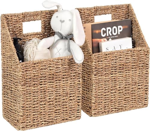 Wicker Hanging Storage Basket (10,5"Lx6,5"Wx13"H), Set of 2 Wall Baskets, Seagrass Baskets, Wall Decor Wicker Basket Hanging for Organizing Files, Mails, Books, Magazine,...