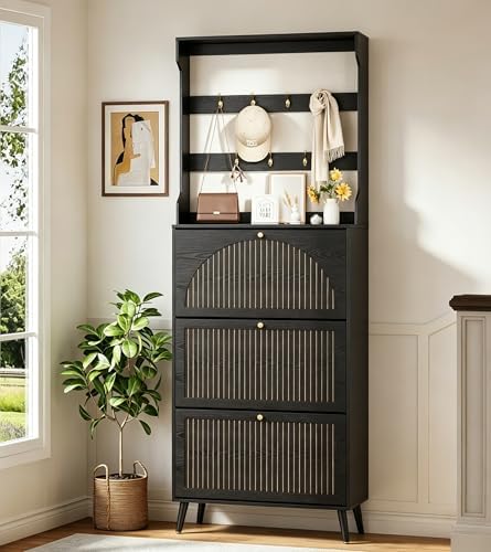 81.8'' Tall Shoe Cabinet with Coat Rack, Narrow Shoe Storage Cabinet with 3 Flip Drawers, 2-in-1 Hall Tree Slim Freestanding Shoe Rack Organizer for Entryway (Black, 3 Drawers- 81.88''H)