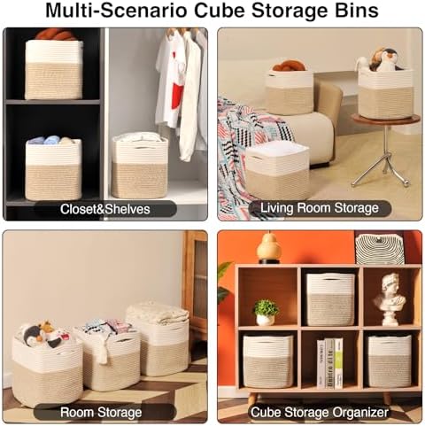 ICERZCZ 13 Inch Cube Closet Storage Bins, Woven Cotton Rope Organizer Baskets for Organizing & Shelves, Books, Towels, Clothes, Toys, 13x13x13 in, Off White & Brown (Pack of 3)