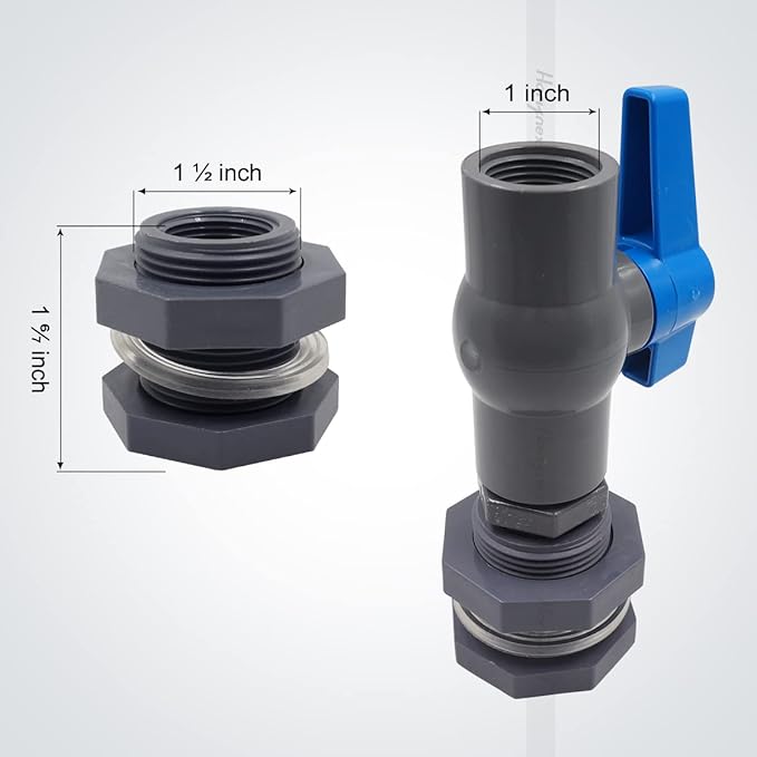 rain Barrel Spigot 1 inch PVC Bulkhead Adapter 1" I.D. Female Thread Blue Switch Valve Garden kit, for 5/2.5/50/55/100 Gallon Water Tank rainwater stock