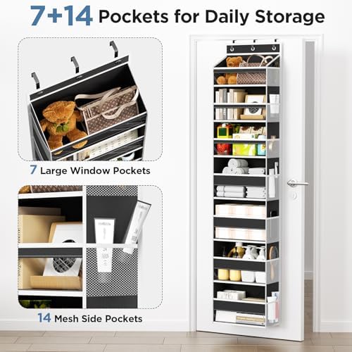 Mefirt Over The Door Organizer, 7 Tier Door Hanging Organizers with 7 Large Pockets 12 Side Pockets, Behind Door Storage Hanging Shelves for Closet Bathroom Bedroom Nursery
