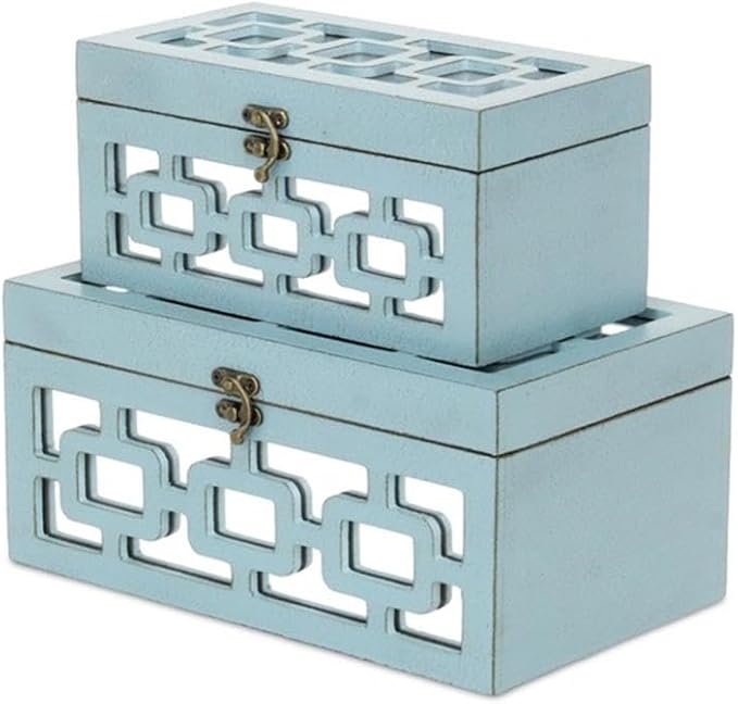 Pemberly Row Set of 2 Distressed Mirrored Wood Boxes, Blue Finish, Geometric Mirror Overlay, Hinged Lids, Synthetic Fabric Lining, Large and Small Keepsake Storage for Bedrooms, Entryways, or Mantles