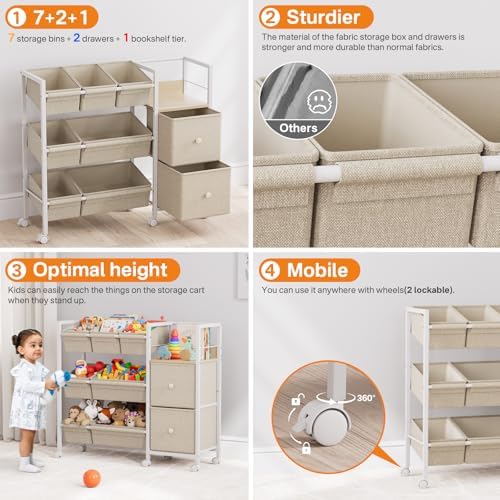 Modanais Kids Toy Organizers and Storage Bins, Off White | 7 Storage Bins + 2 Fabric Drawers + 1 Bookshelf, Playroom Storage, Organizer for Toy, Clothes, Blankets and Books