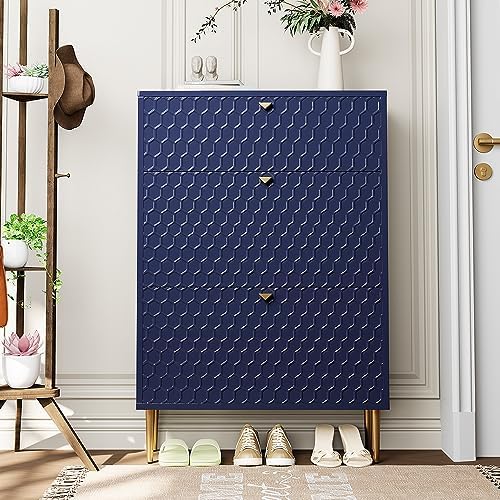Boyel Living 3 Flip Drawers Free Standing Shoe Racks,Modern Shoes Cabinet with Brass Knobs and Legs, 24 Pair for Entryway (Blue