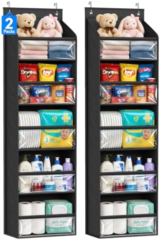 AOODA 2 Pack Over the Door Organizer, Large Capacity Closet Door Hanging Organizer, Clear Deep Pockets Baby Storage for Nursery, Bathroom, Bedroom, Pantry, Diapers (Black)