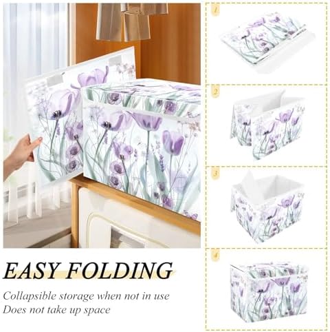 senya Baskets Collapsible Storage Bins with Lids, Purple Tulips Flowers Pastel Storage Boxes Clothes Baskets for Organizing, B06D22020