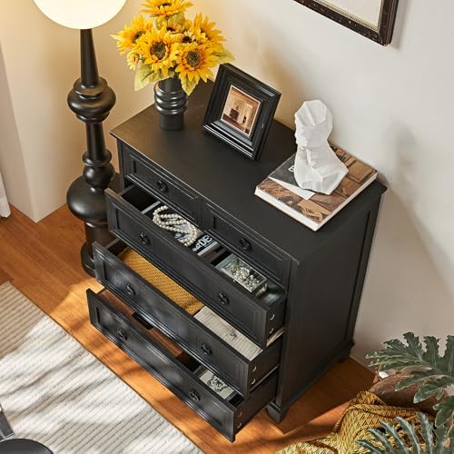 Joaxswe Farmhouse 5 Drawer Dresser for Bedroom Set of 2, 33.2" Tall Small Dressers & Chest of Drawers, Rustic Wood Dresser with Metal Handle, Storage Organizer Closet for Living Room, Hallway,Entryway | Chest of Drawers, Rustic Wood Dresser with Metal ...