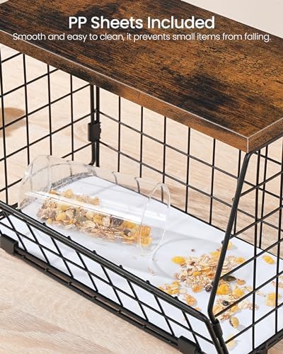 CHOEZON 2-Tier Fruit Basket for Kitchen, Stackable wire basket with Wooden Lid, Hanging Basket with 4 Banana Hanger Hooks, for Snack, Fruit, Vegetable Storage, Rustic Brown and Black TCW04P2BF