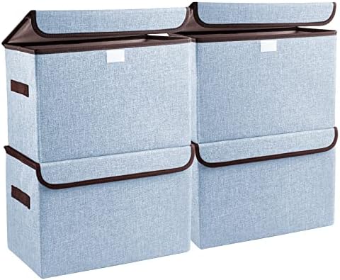 Bagnizer Foldable Storage Bins with Lids, Decorative Storage Baskets, Large Storage Boxes for Home, Office, Bedroom, Closet, Blue, Medium, 4 Pack 14.6 x 9.5 x 9.5”