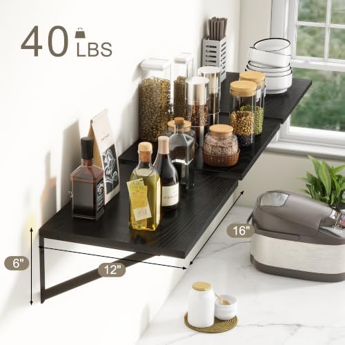 Black Floating Shelves 16 Inch Long, Set of 3, 12 Inch Deep Wall Shelves