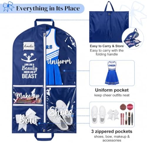 DEEKA 3 Pack Cheer Garment Bag for Hanging Clothes with Zipper Pockets Cheer Accessories Mom Essentials Uniform Costume 40 Inch Black Bags Stuff for Cheerleading Girls (Navy Blue,White-Cheer Quote)