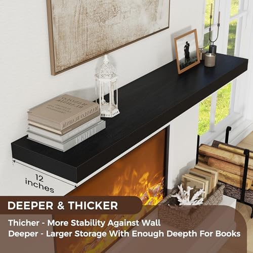 72 Inch Floating Shelves for Wall, 12"D Wood Storage Shelves, Black Finish